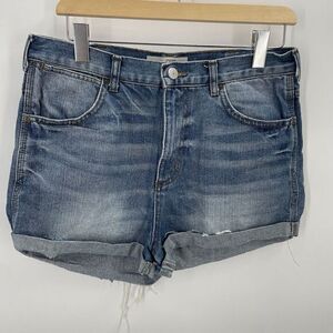Topshop Moto Rosa Shorts Denim High Rise Blue Cuffed Raw Hem Distressed Sz 8 6P‎
